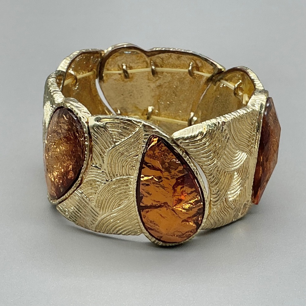 Stretch Bracelet Women Gold Tone Amber Foil Tear Drop Textured Wide Statement - Picture 5 of 6